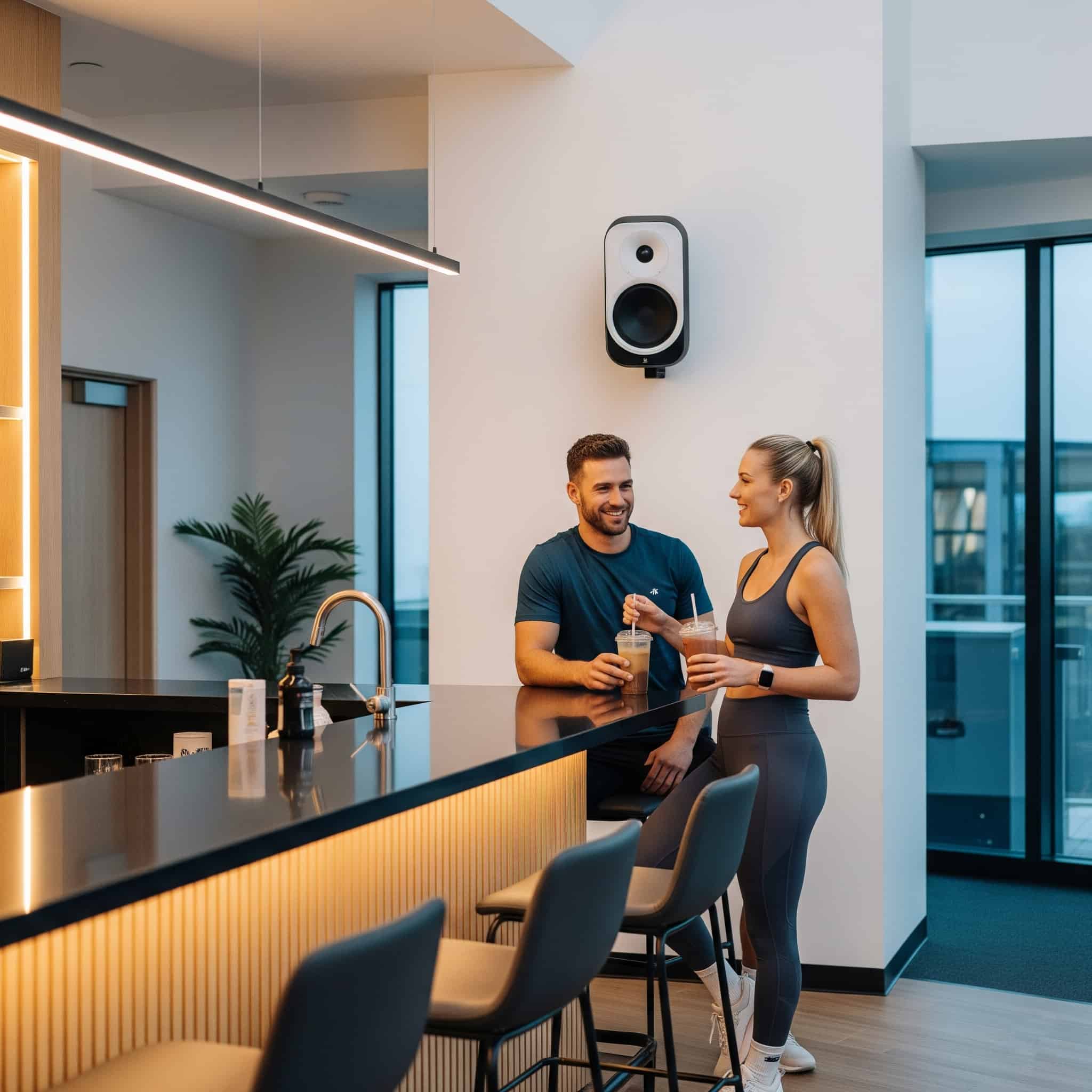 Area bar di una palestra moderna con musica di sottofondo e atmosfera rilassata