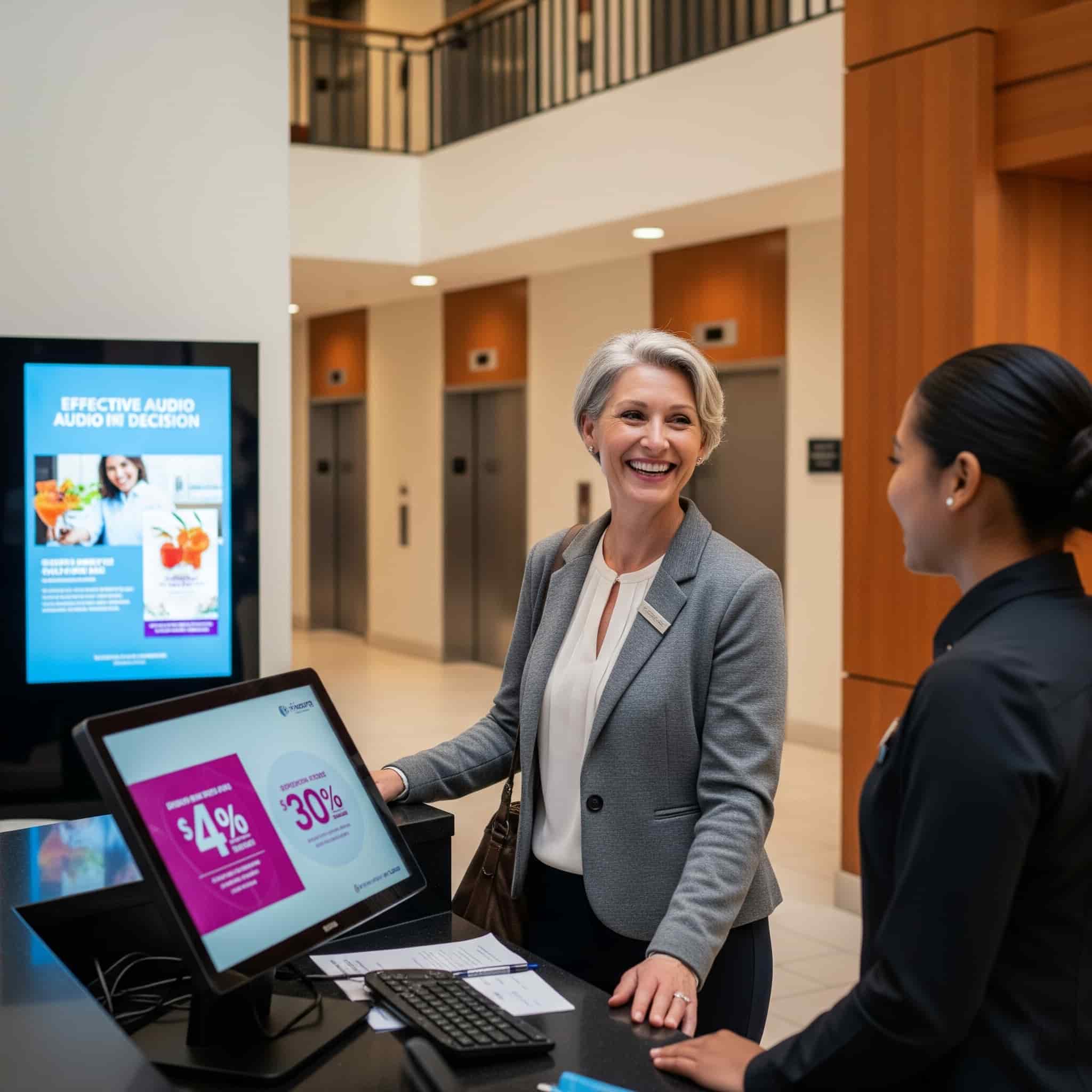 A guest influenced by point-of-decision audio announcements about hotel services