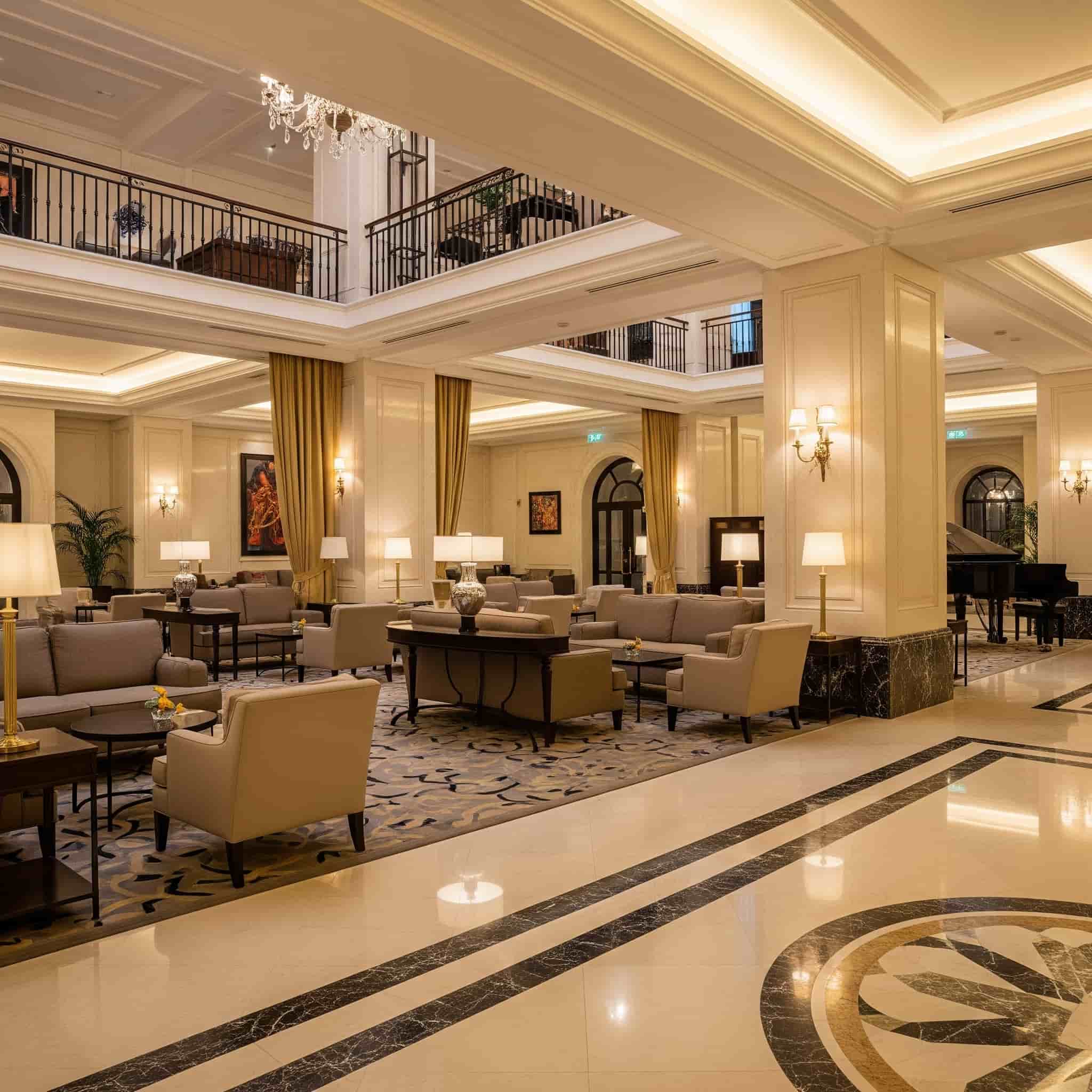 Elegant hotel lobby with a welcoming atmosphere, showcasing how instrumental background music enhances the guest experience.