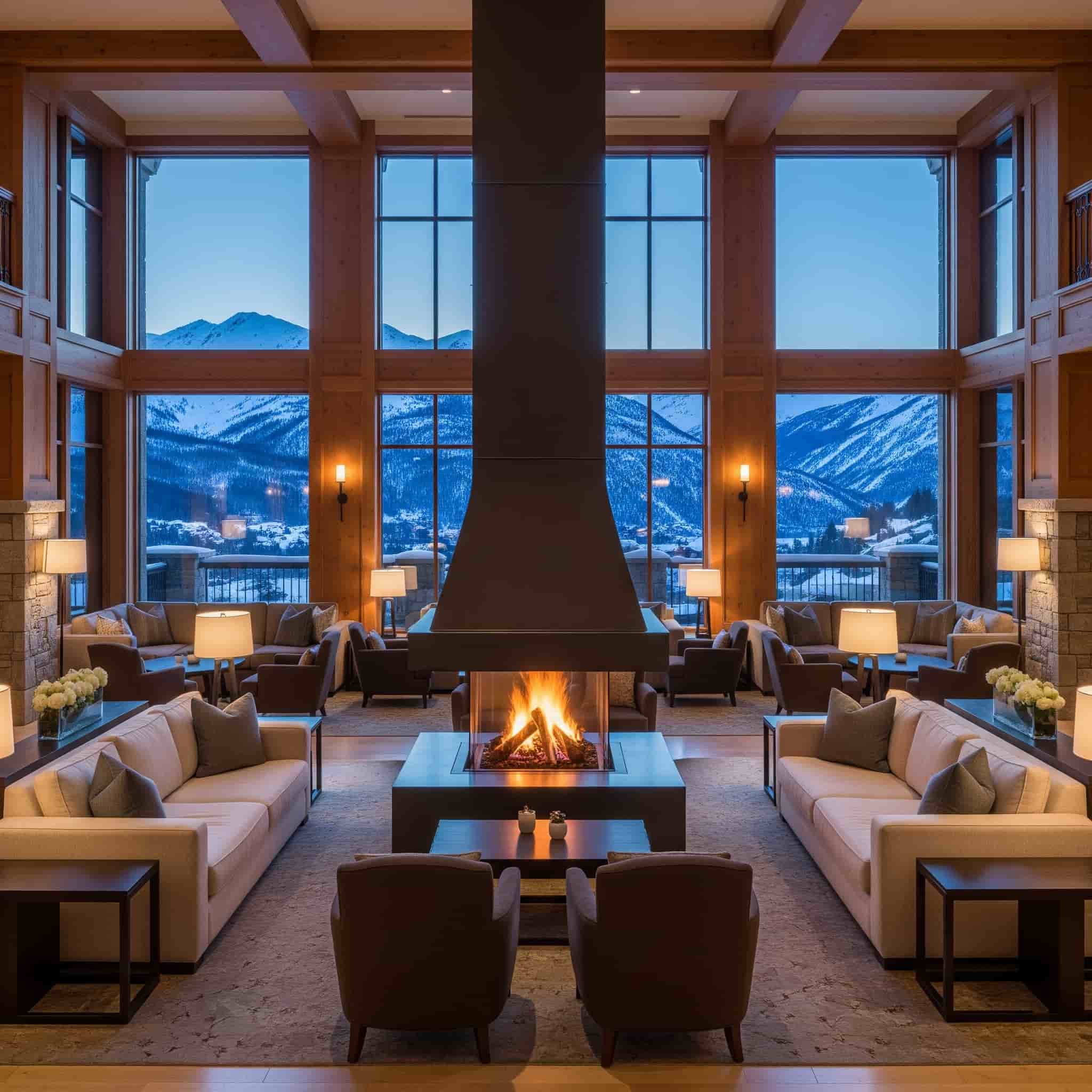 A mountain hotel lobby with a lit fireplace and cozy atmosphere