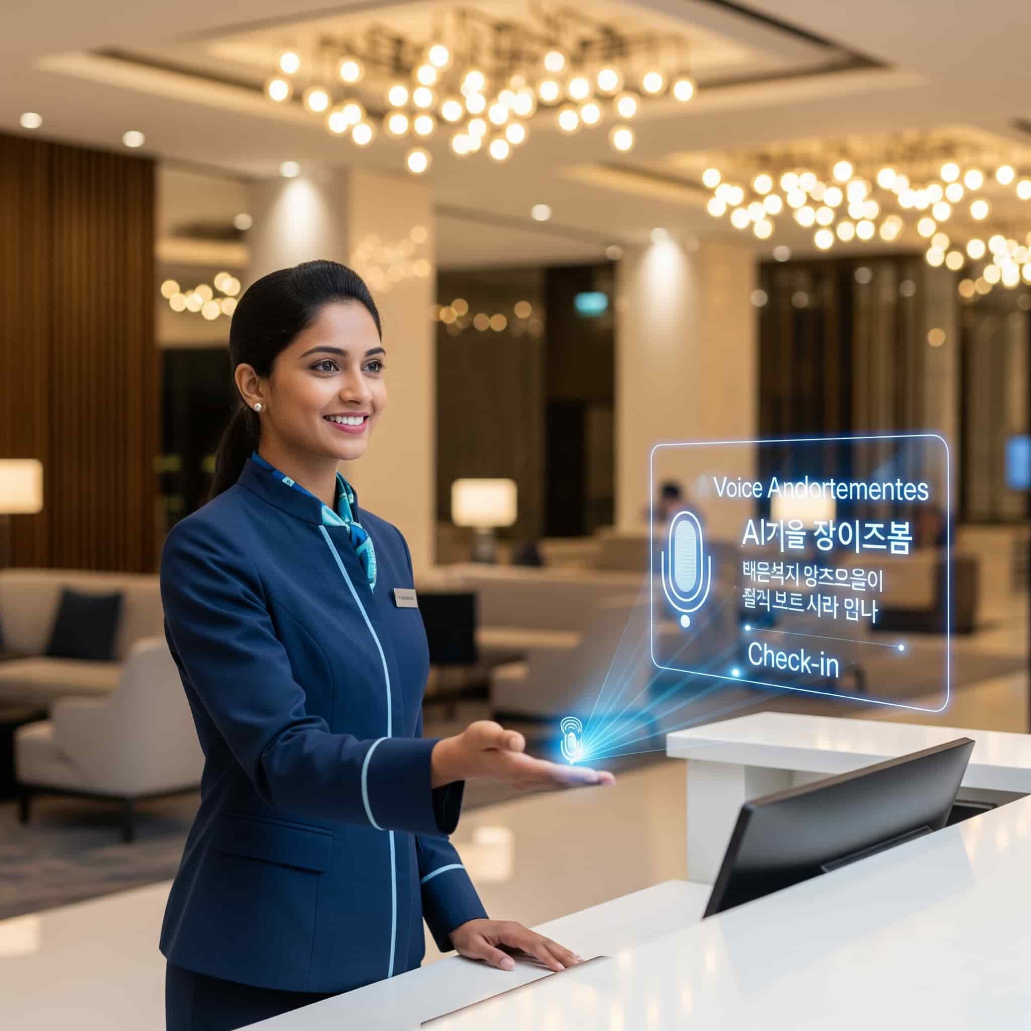 Reception welcoming international guests with multilingual AI voice announcements