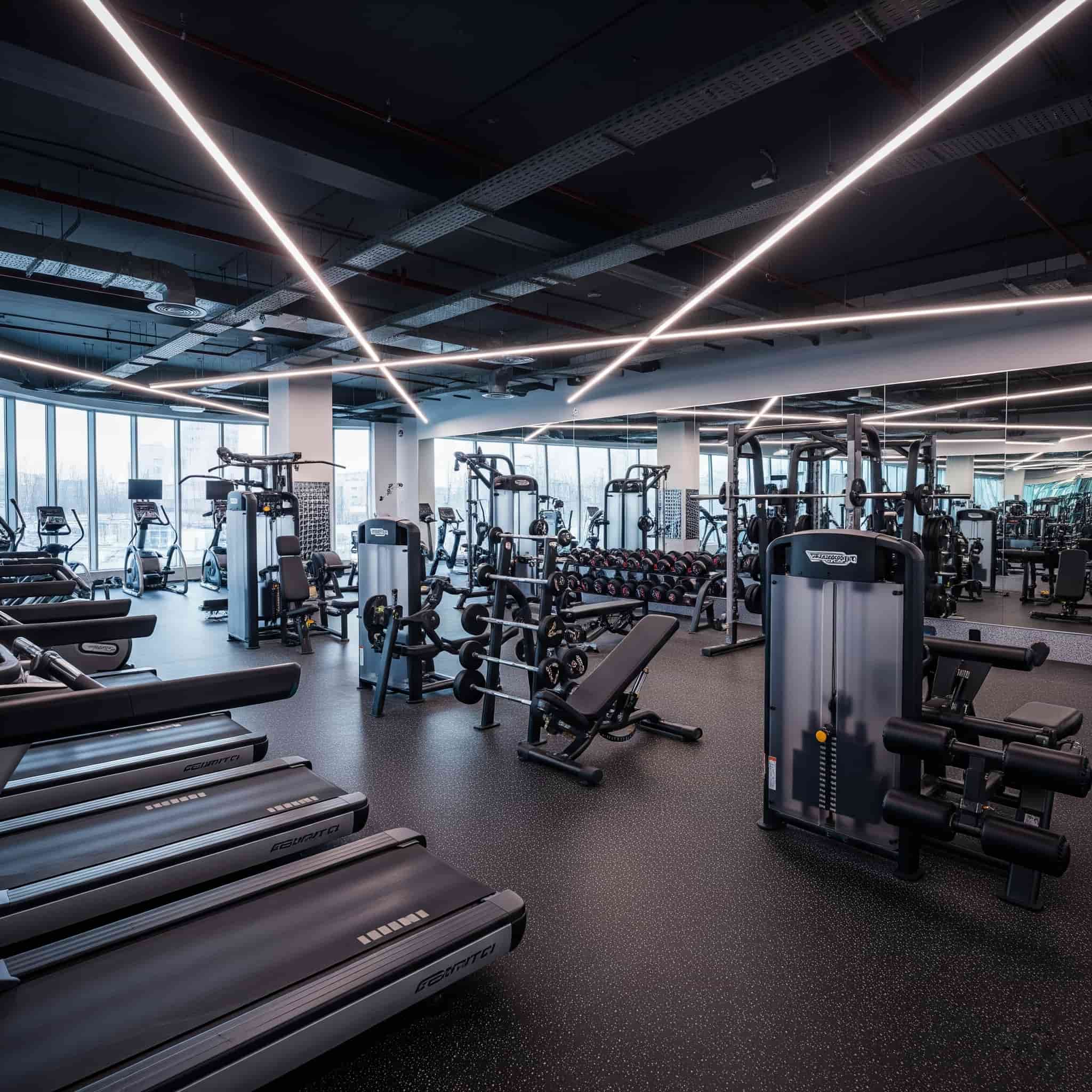 Interno di una palestra moderna ed energetica, pronta per l'allenamento