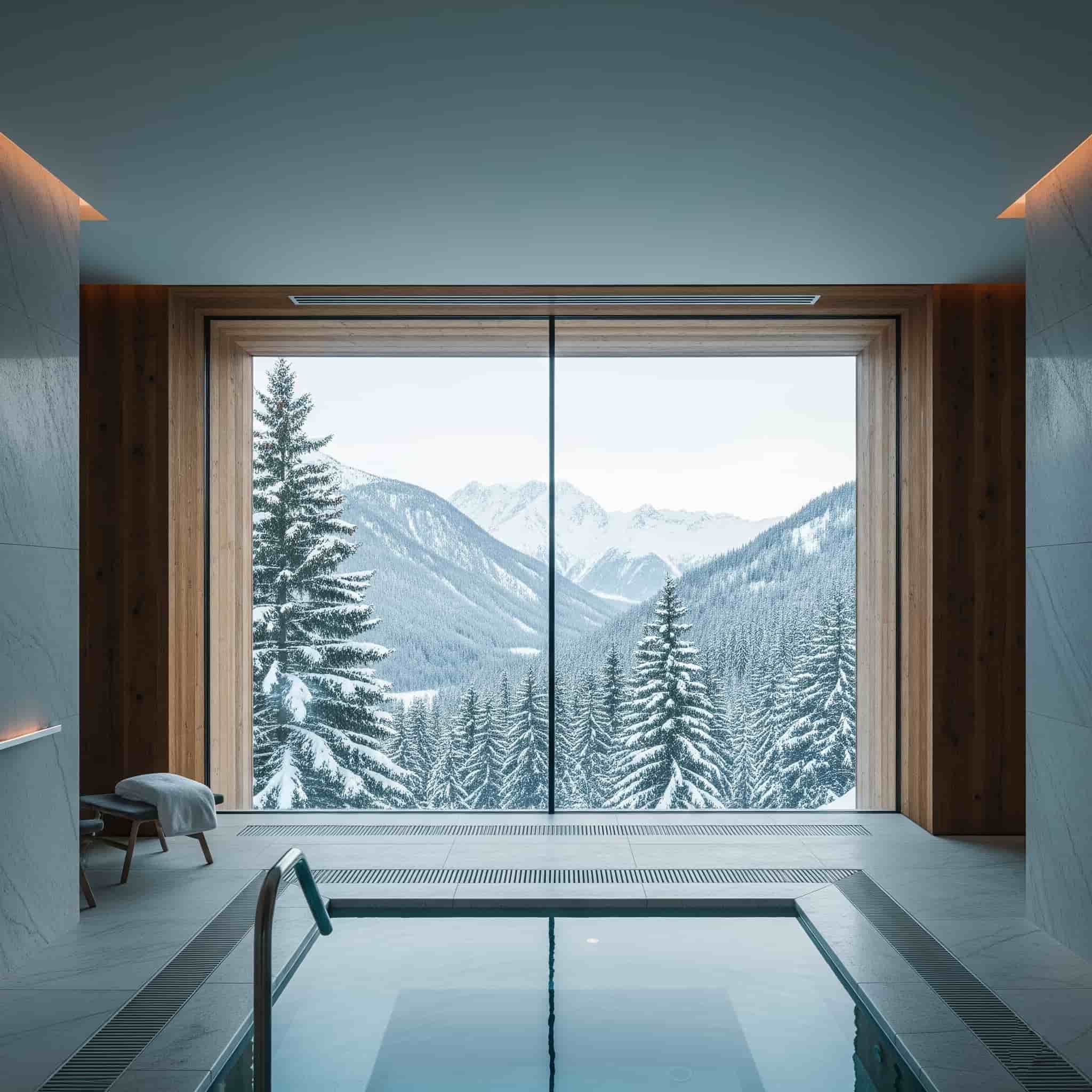 Relaxation area of a mountain spa with a view of the snow